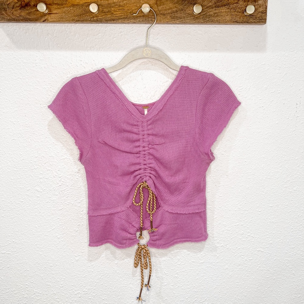 Free People Boho Gauze Mesh Cutout Tie Purple Pink Top Women’s XS
